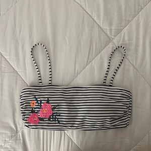 Hollister Black and White Striped Bikini Top with Floral Embroidery